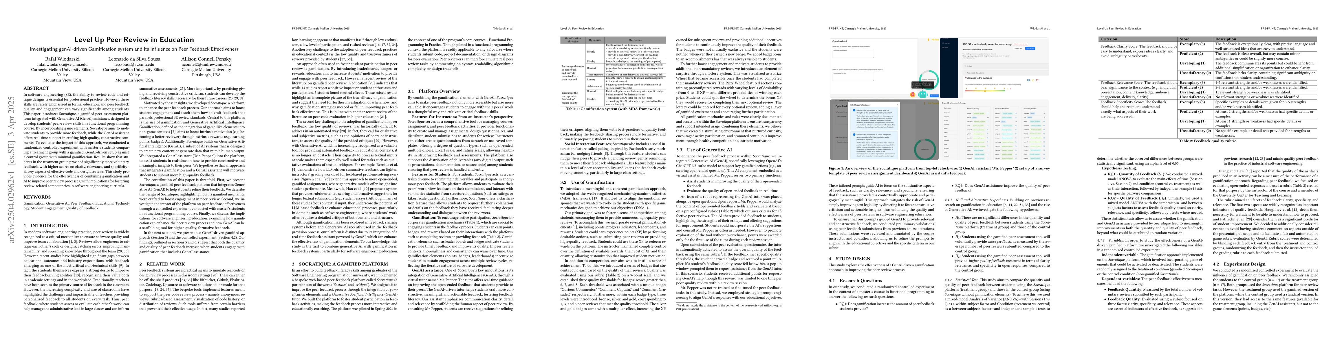 Thumbnail for Level Up Peer Review in Education: Investigating genAI-driven
  Gamification system and its influence on Peer Feedback Effectiveness