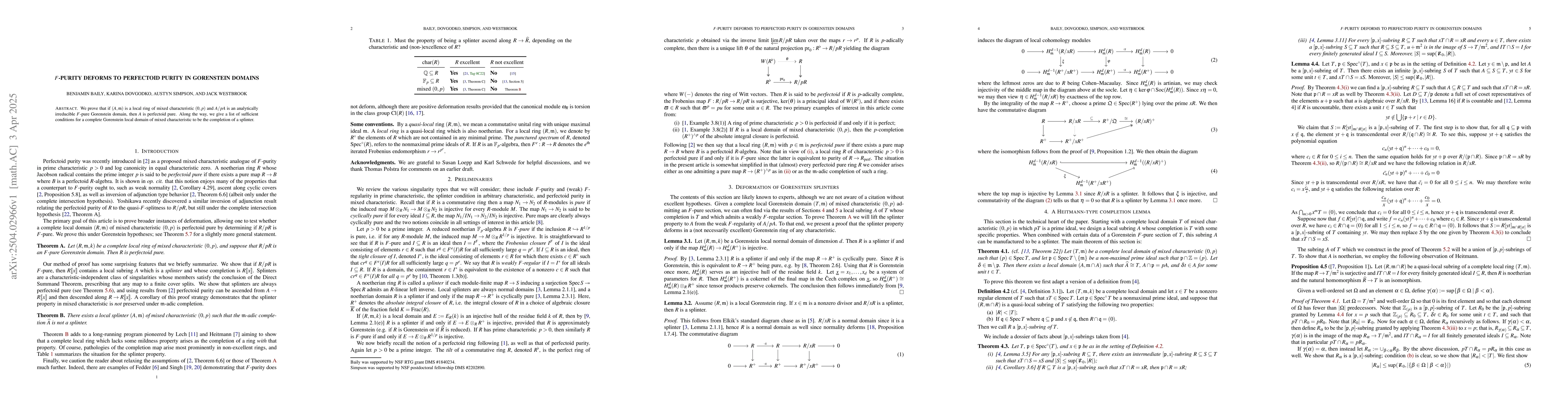 Thumbnail for $F$-purity deforms to perfectoid purity in Gorenstein domains