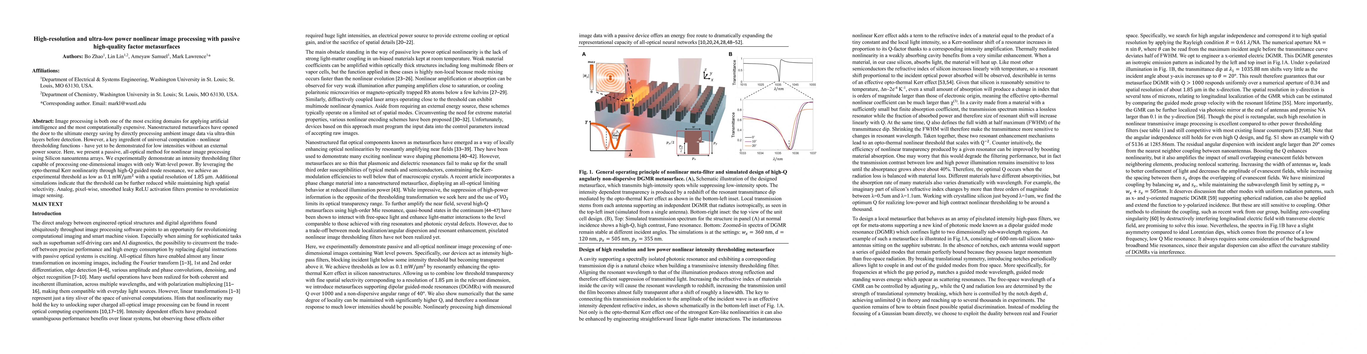 Thumbnail for High-resolution and ultra-low power nonlinear image processing with
  passive high-quality factor metasurfaces