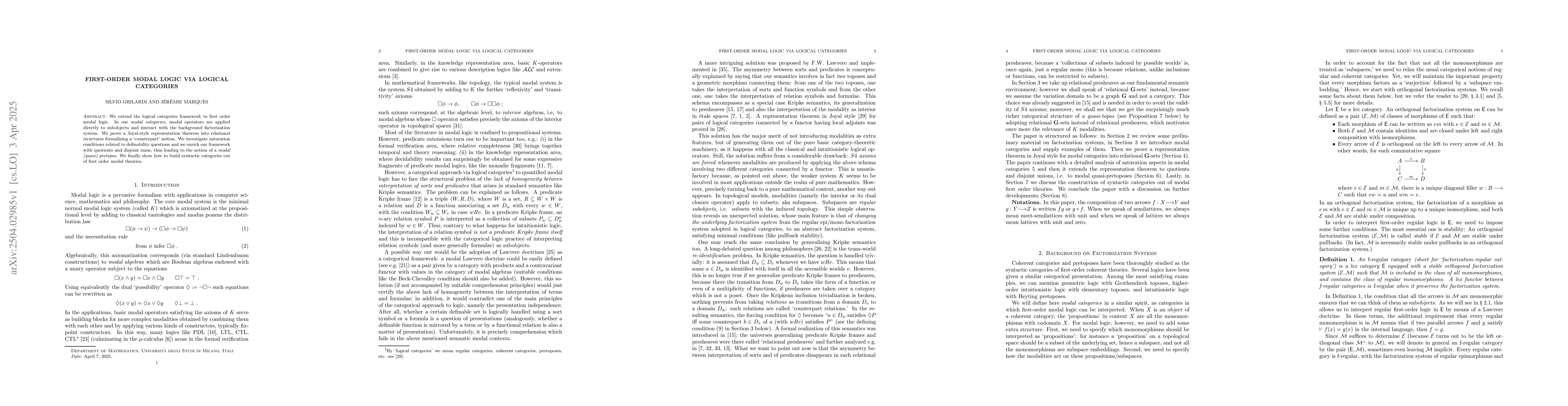 Thumbnail for First-Order Modal Logic via Logical Categories