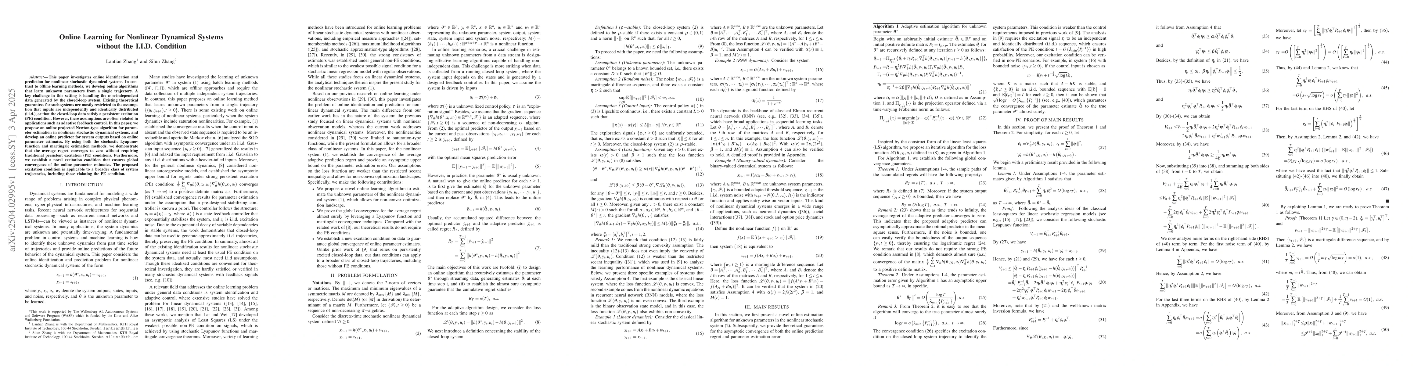 Thumbnail for Online Learning for Nonlinear Dynamical Systems without the I.I.D.
  Condition