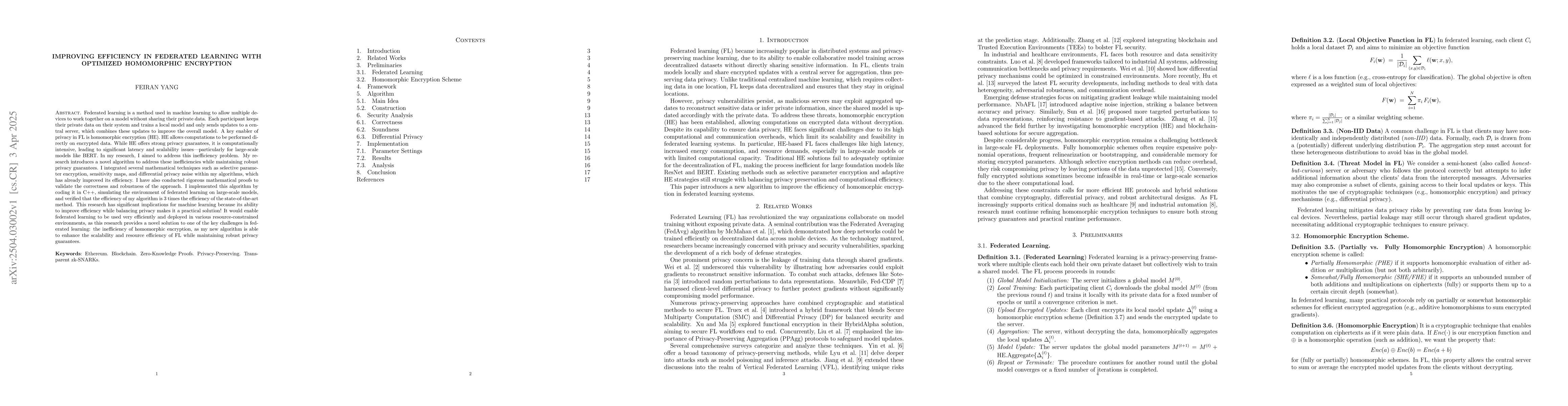 Thumbnail for Improving Efficiency in Federated Learning with Optimized Homomorphic
  Encryption