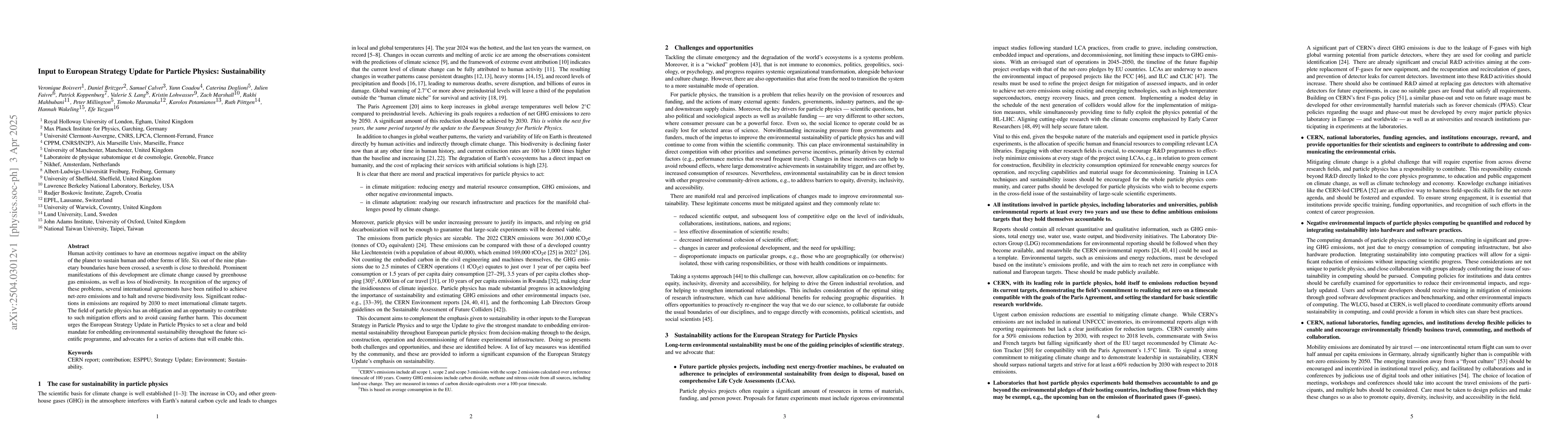 Thumbnail for Input to European Strategy Update for Particle Physics: Sustainability