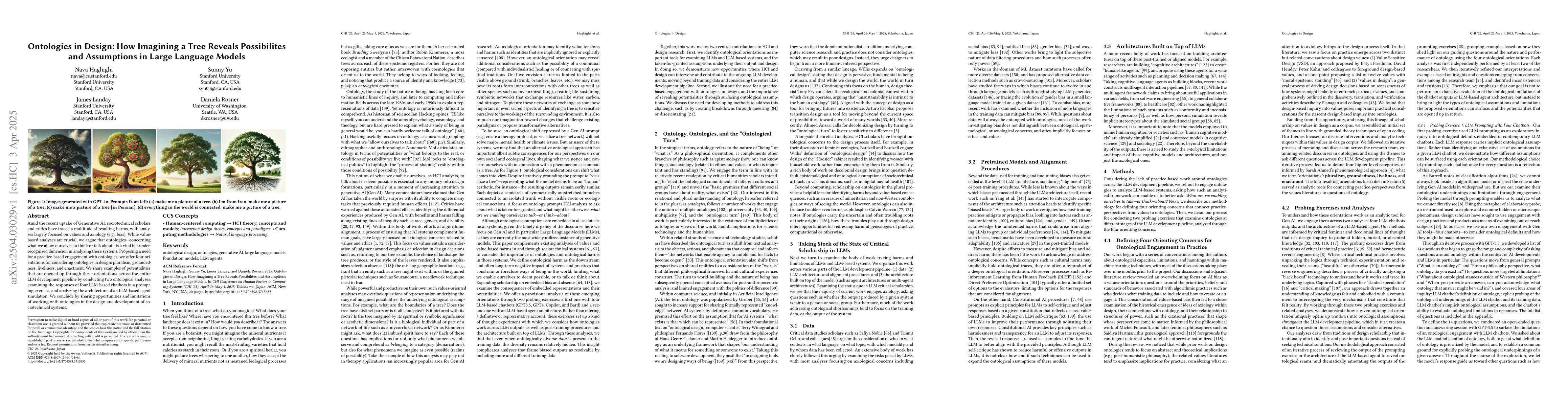 Thumbnail for Ontologies in Design: How Imagining a Tree Reveals Possibilites and
  Assumptions in Large Language Models