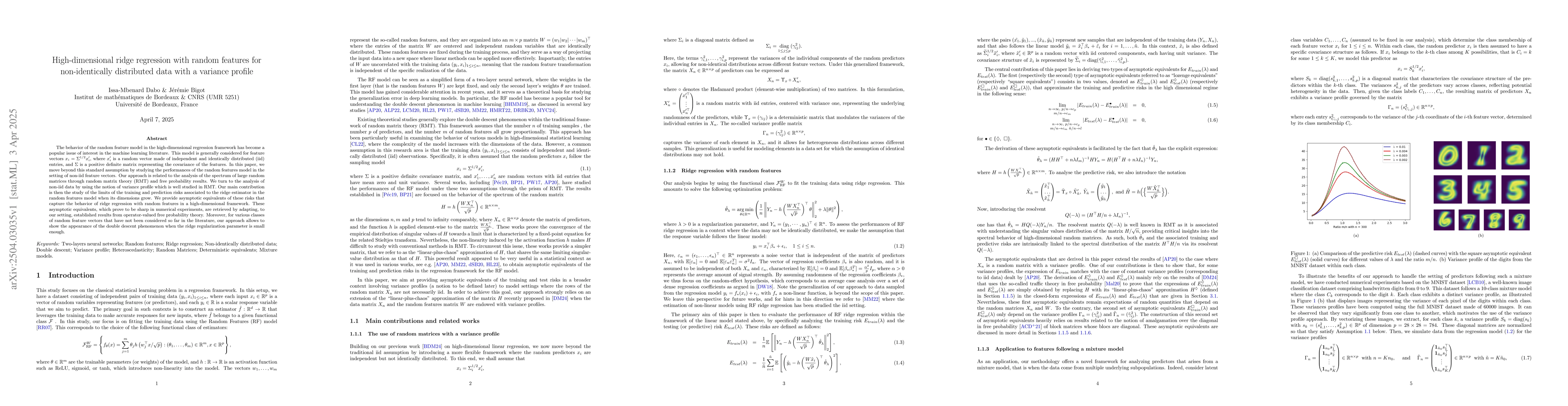 Thumbnail for High-dimensional ridge regression with random features for
  non-identically distributed data with a variance profile