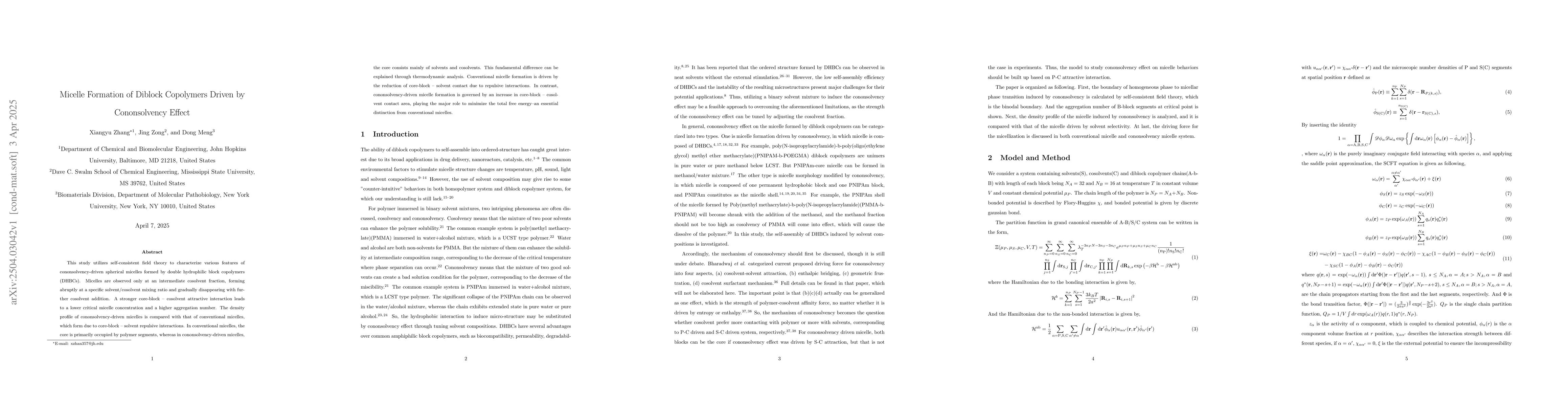 Thumbnail for Micelle Formation of Diblock Copolymers Driven by Cononsolvency Effect