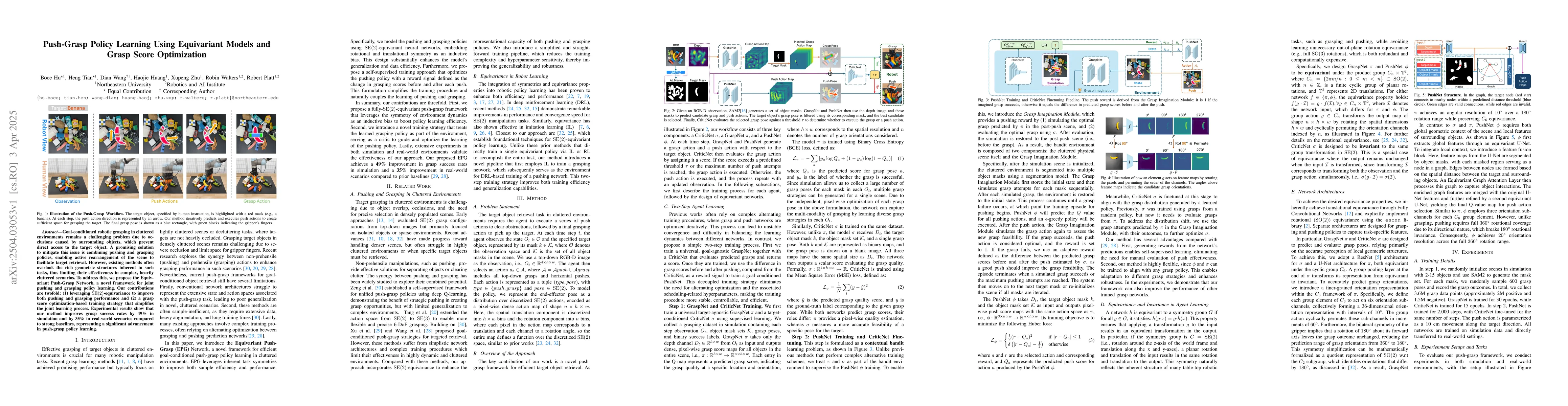 Thumbnail for Push-Grasp Policy Learning Using Equivariant Models and Grasp Score
  Optimization