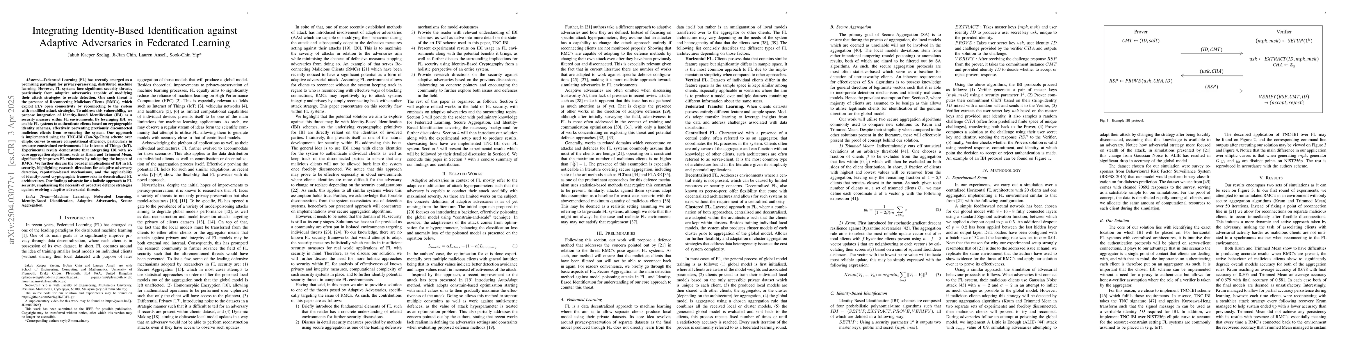 Thumbnail for Integrating Identity-Based Identification against Adaptive Adversaries
  in Federated Learning