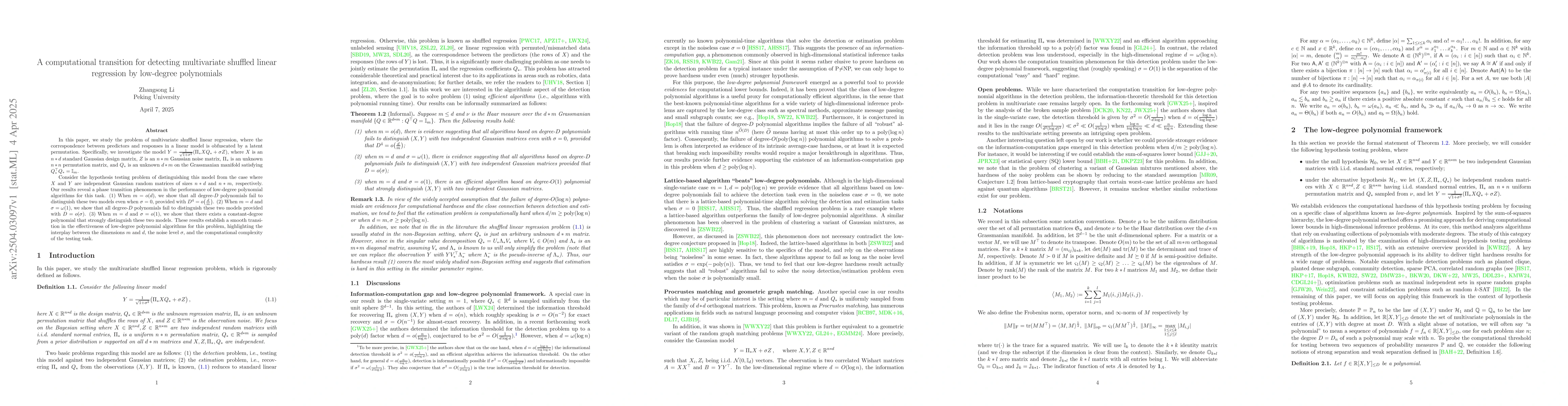 Thumbnail for A computational transition for detecting multivariate shuffled linear
  regression by low-degree polynomials