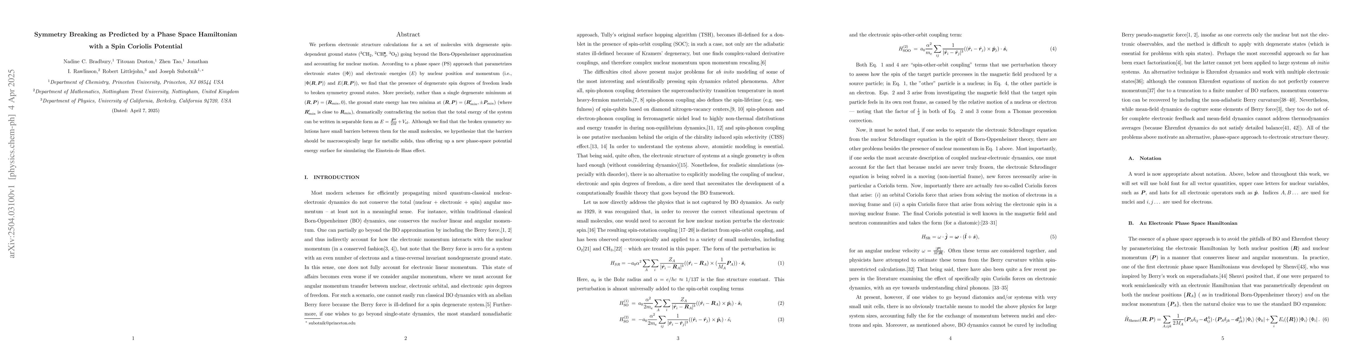 Thumbnail for Symmetry Breaking as Predicted by a Phase Space Hamiltonian with a Spin
  Coriolis Potential