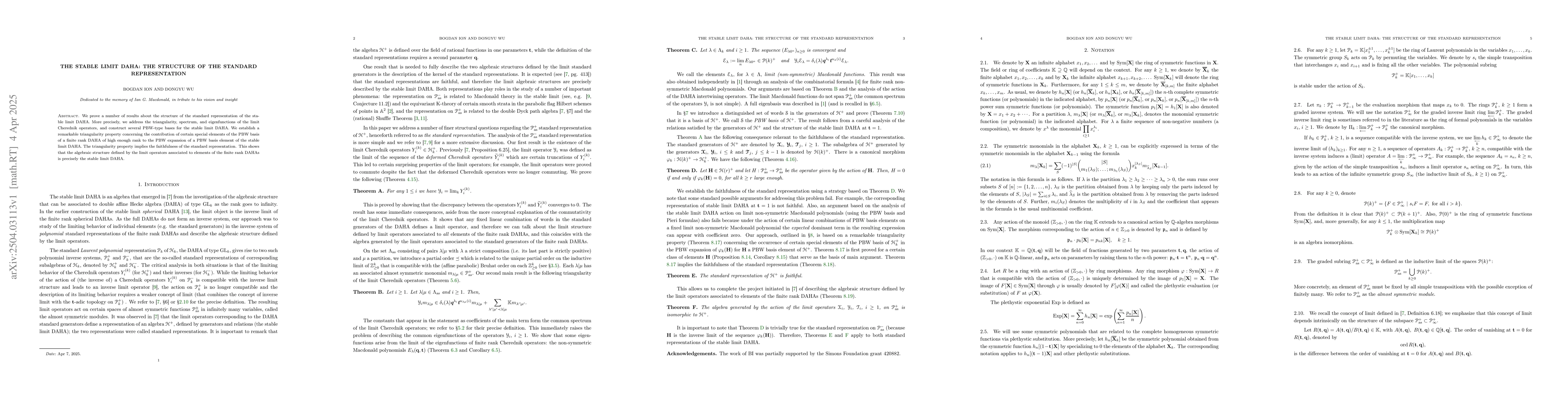 Thumbnail for The stable limit DAHA: the structure of the standard representation