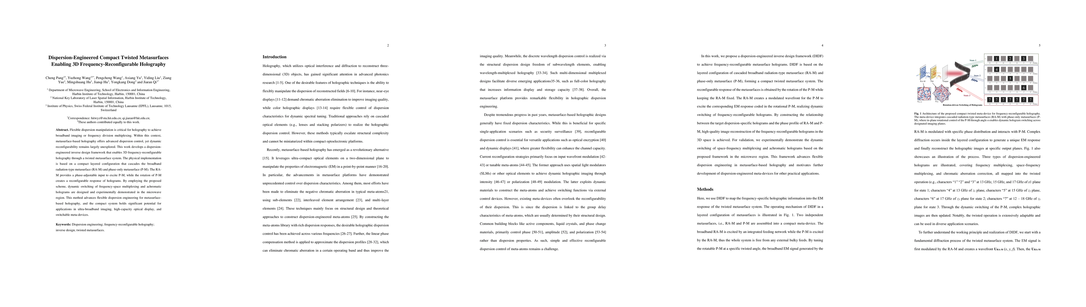 Thumbnail for Dispersion-Engineered Compact Twisted Metasurfaces Enabling 3D
  Frequency-Reconfigurable Holography