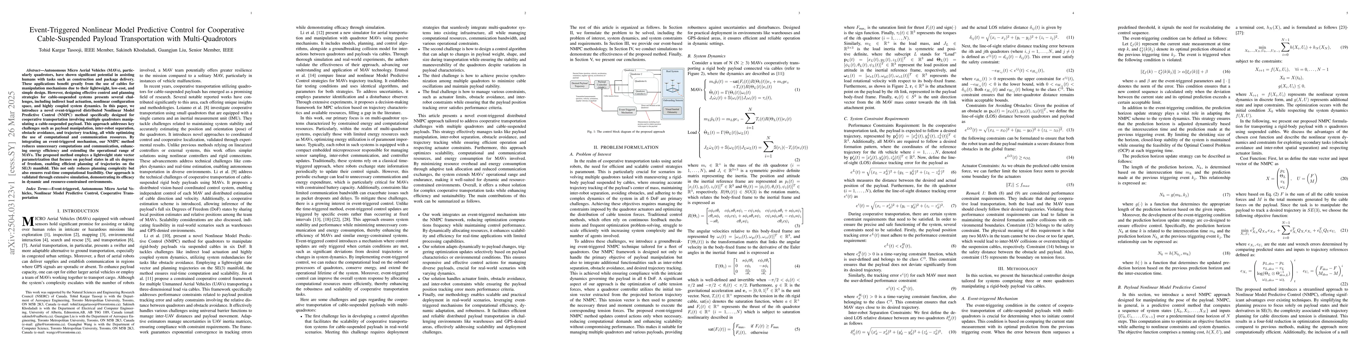 Thumbnail for Event-Triggered Nonlinear Model Predictive Control for Cooperative
  Cable-Suspended Payload Transportation with Multi-Quadrotors