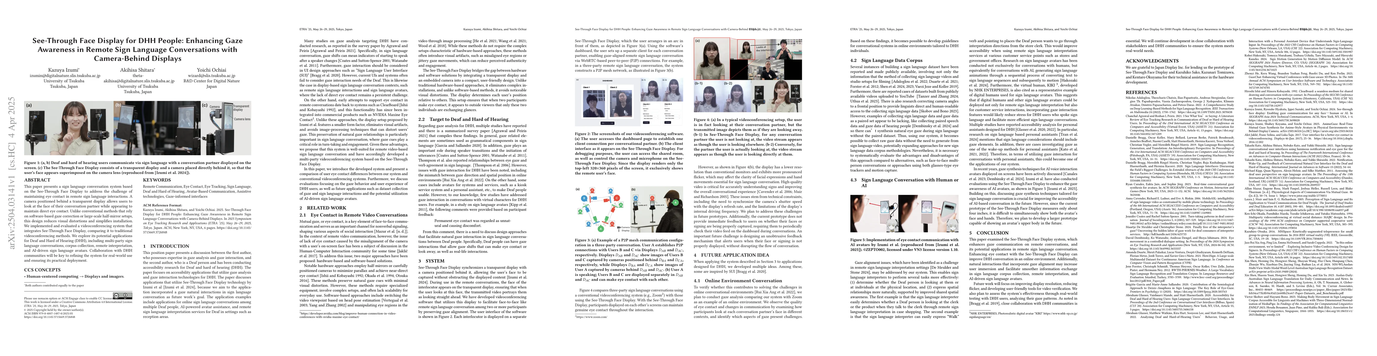 Thumbnail for See-Through Face Display for DHH People: Enhancing Gaze Awareness in
  Remote Sign Language Conversations with Camera-Behind Displays