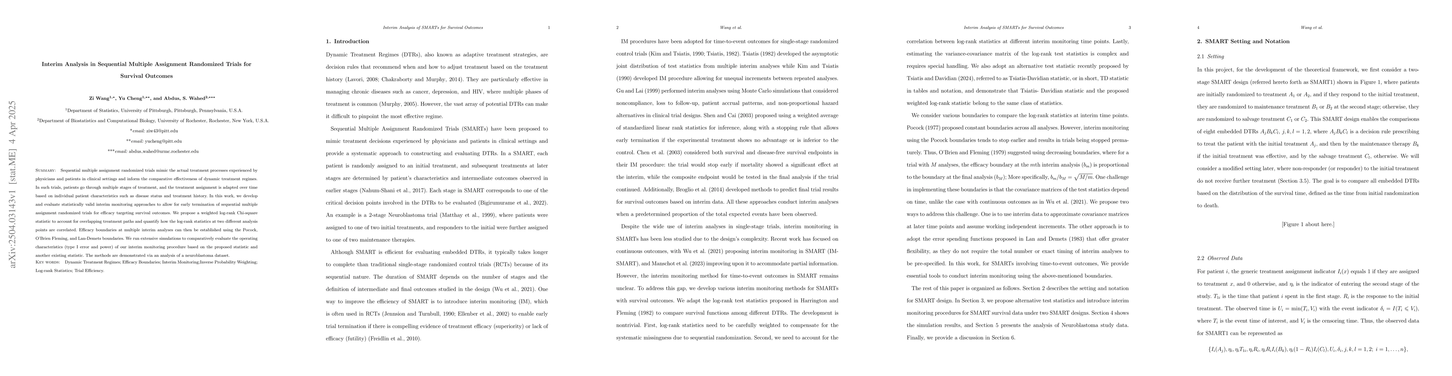 Thumbnail for Interim Analysis in Sequential Multiple Assignment Randomized Trials for
  Survival Outcomes