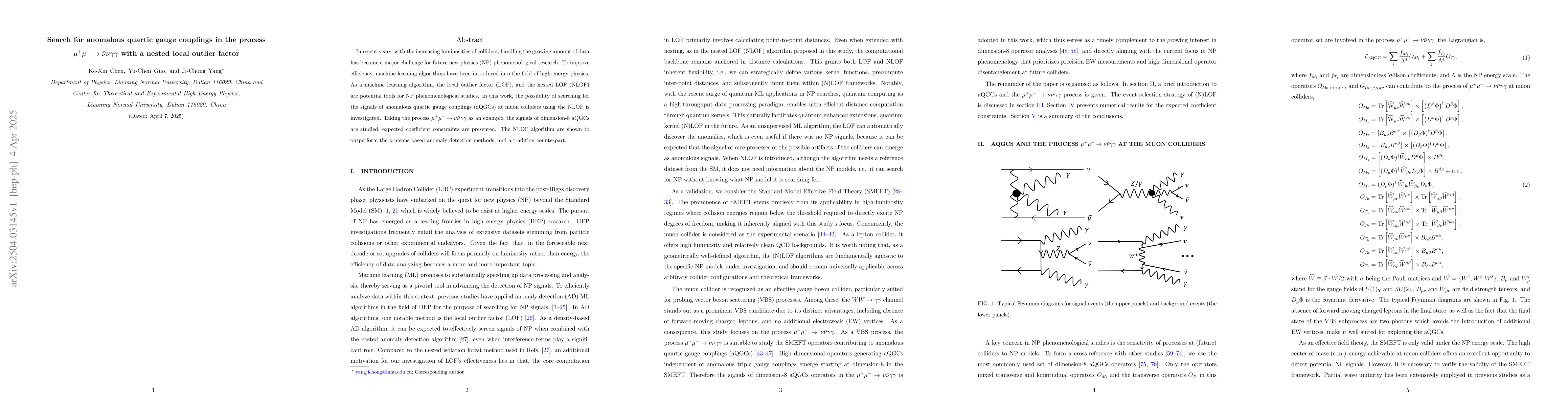 Thumbnail for Search for anomalous quartic gauge couplings in the process
  $μ^+μ^-\to \barννγγ$ with a nested local outlier factor