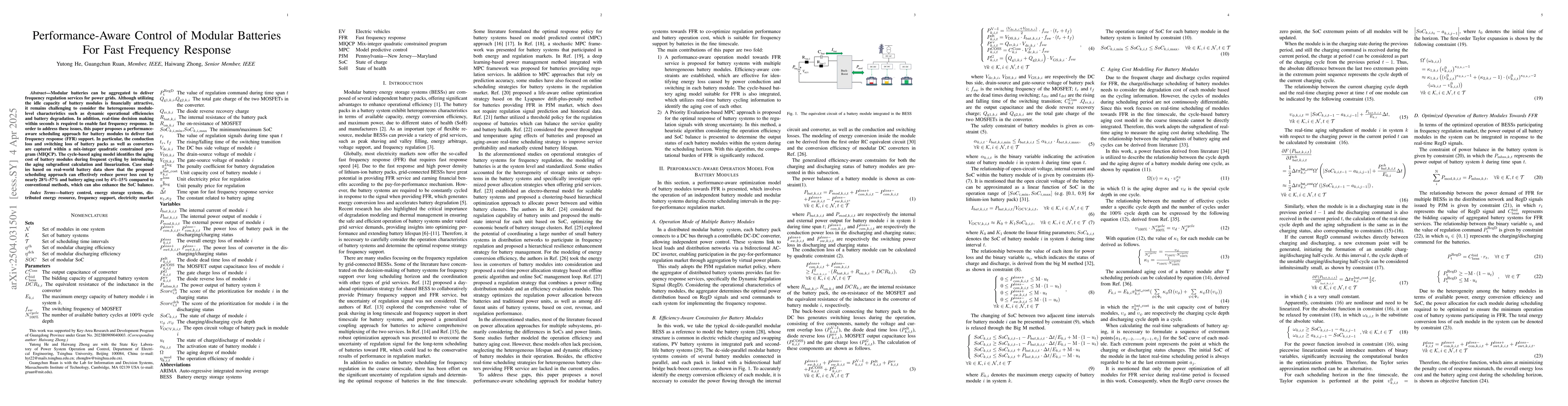 Thumbnail for Performance-Aware Control of Modular Batteries For Fast Frequency
  Response