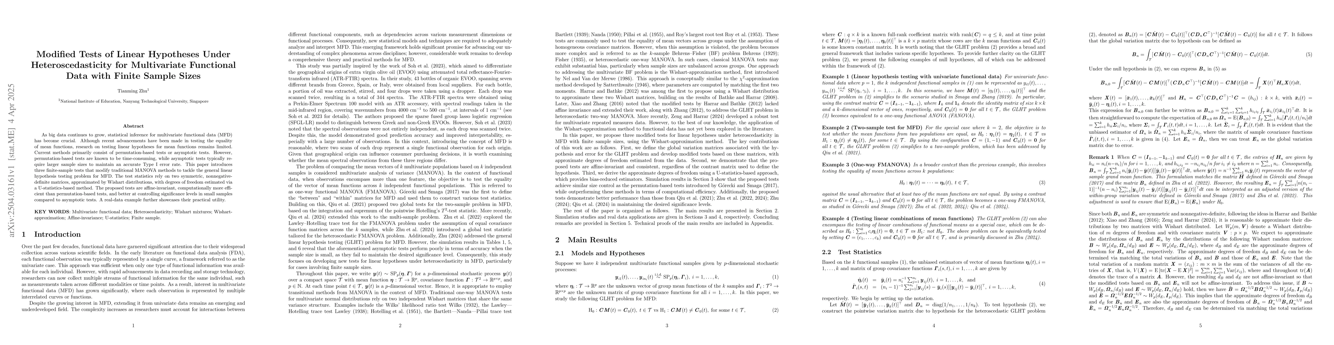 Thumbnail for Modified Tests of Linear Hypotheses Under Heteroscedasticity for
  Multivariate Functional Data with Finite Sample Sizes