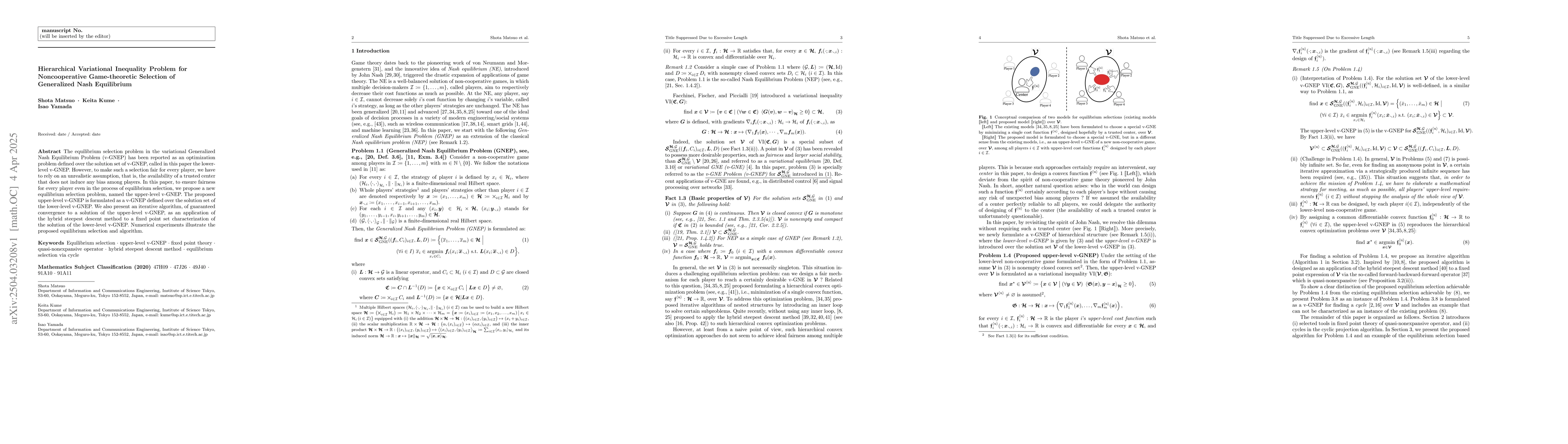Thumbnail for Hierarchical Variational Inequality Problem for Noncooperative
  Game-theoretic Selection of Generalized Nash Equilibrium