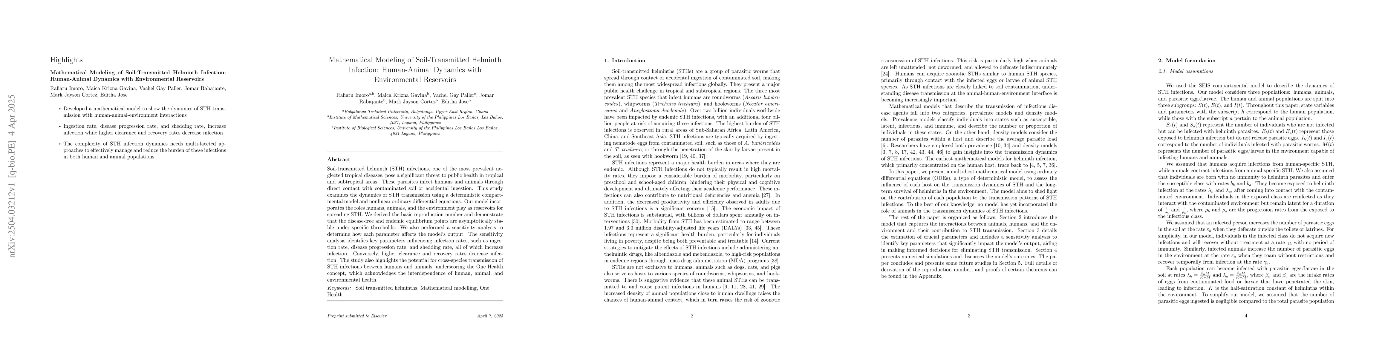 Thumbnail for Mathematical Modeling of Soil-Transmitted Helminth Infection:
  Human-Animal Dynamics with Environmental Reservoirs