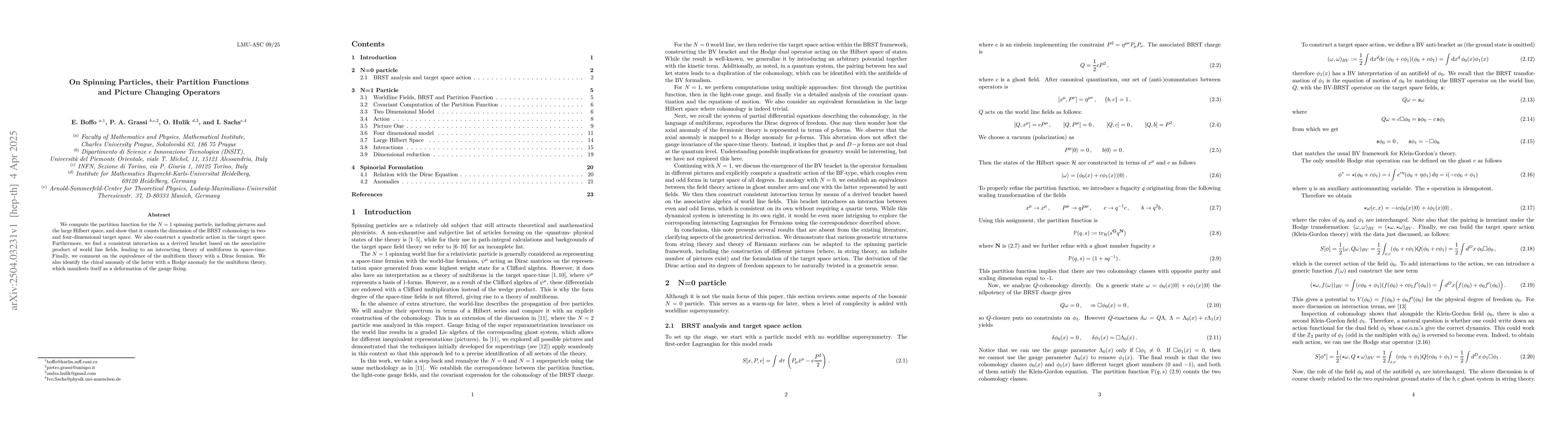 Thumbnail for On Spinning Particles, their Partition Functions and Picture Changing
  Operators