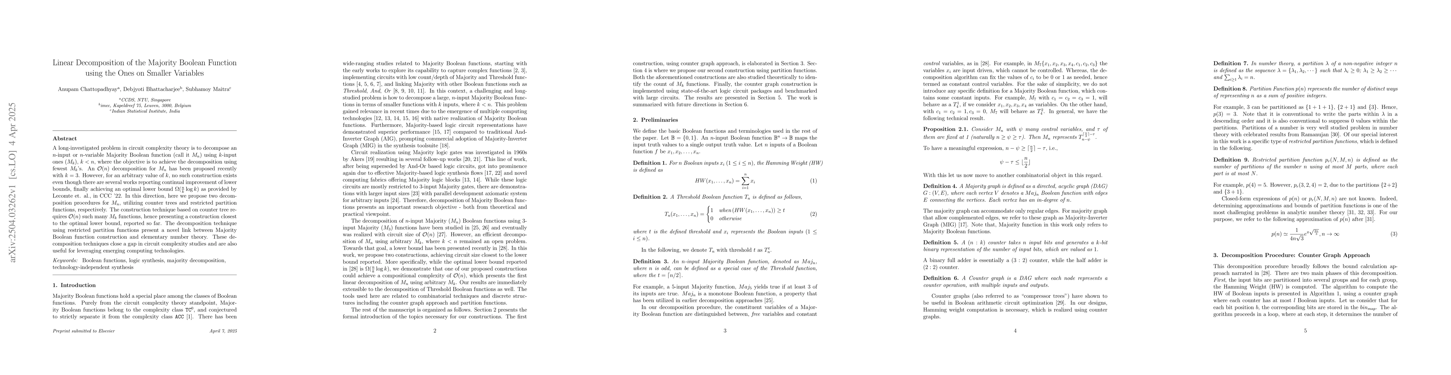 Thumbnail for Linear Decomposition of the Majority Boolean Function using the Ones on
  Smaller Variables
