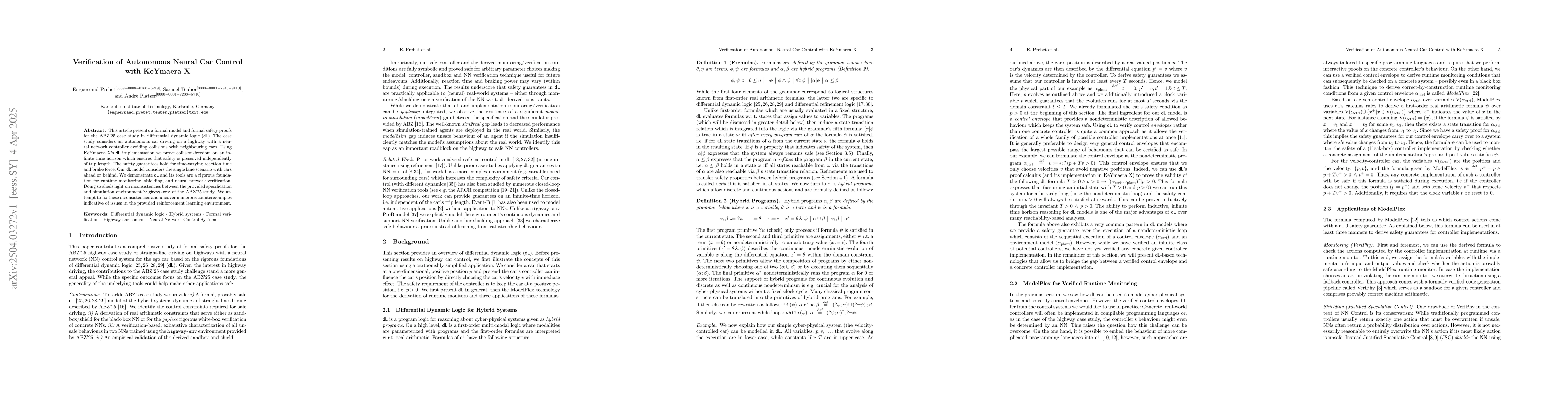 Thumbnail for Verification of Autonomous Neural Car Control with KeYmaera X
