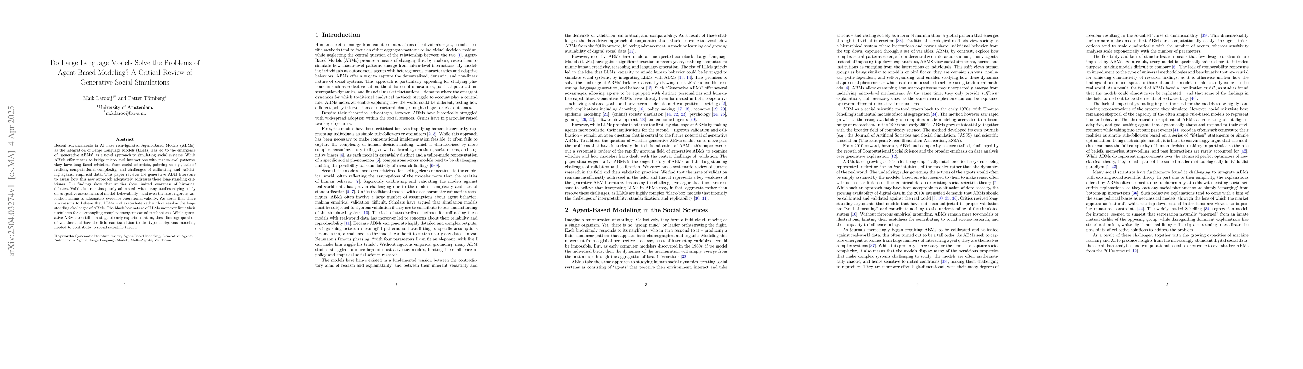 Thumbnail for Do Large Language Models Solve the Problems of Agent-Based Modeling? A
  Critical Review of Generative Social Simulations
