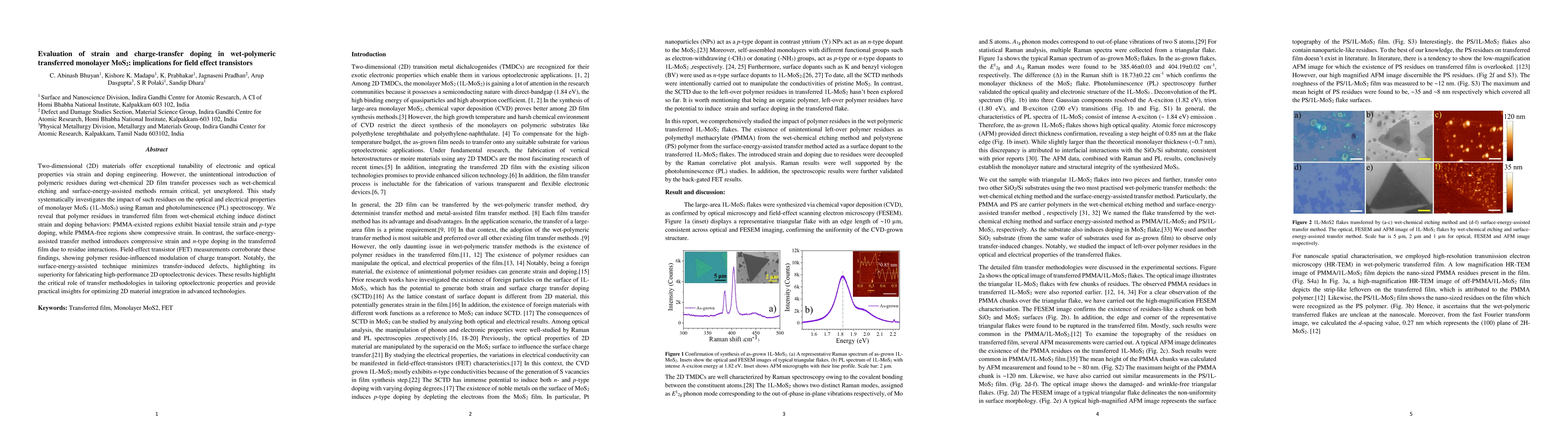 Thumbnail for Evaluation of strain and charge-transfer doping in wet-polymeric
  transferred monolayer MoS2: implications for field effect transistors