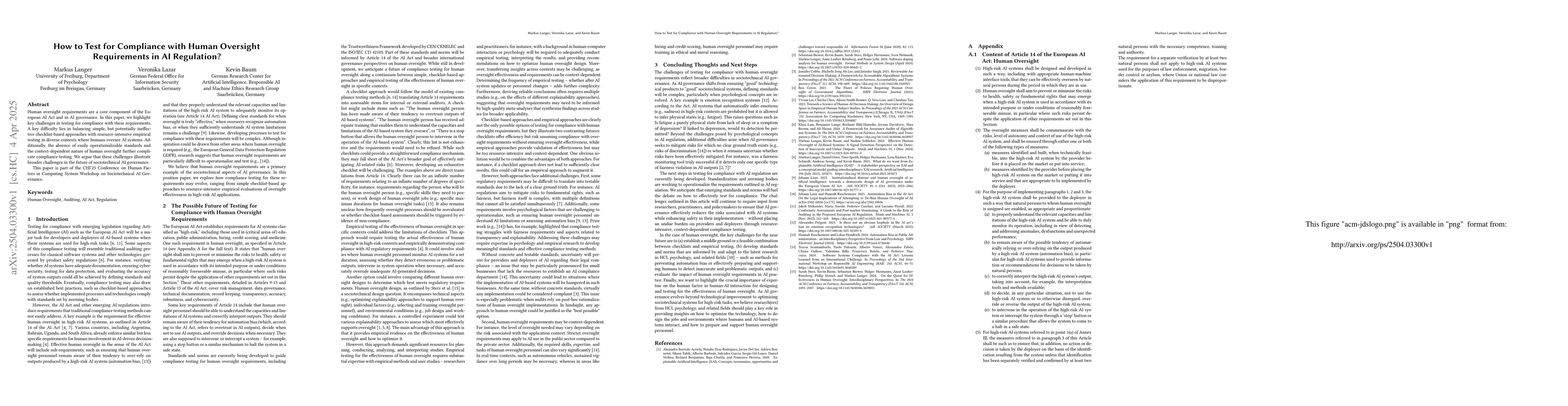 Thumbnail for How to Test for Compliance with Human Oversight Requirements in AI
  Regulation?