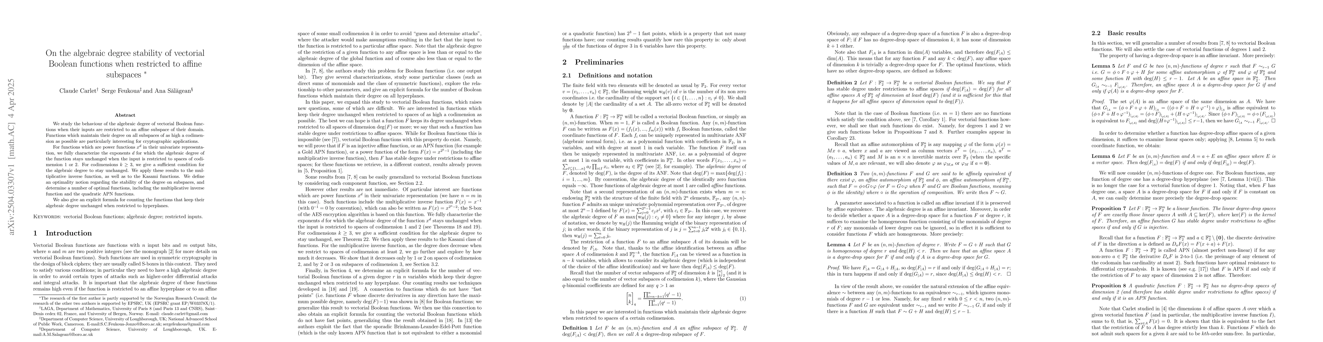 Thumbnail for On the algebraic degree stability of vectorial Boolean functions when
  restricted to affine subspaces