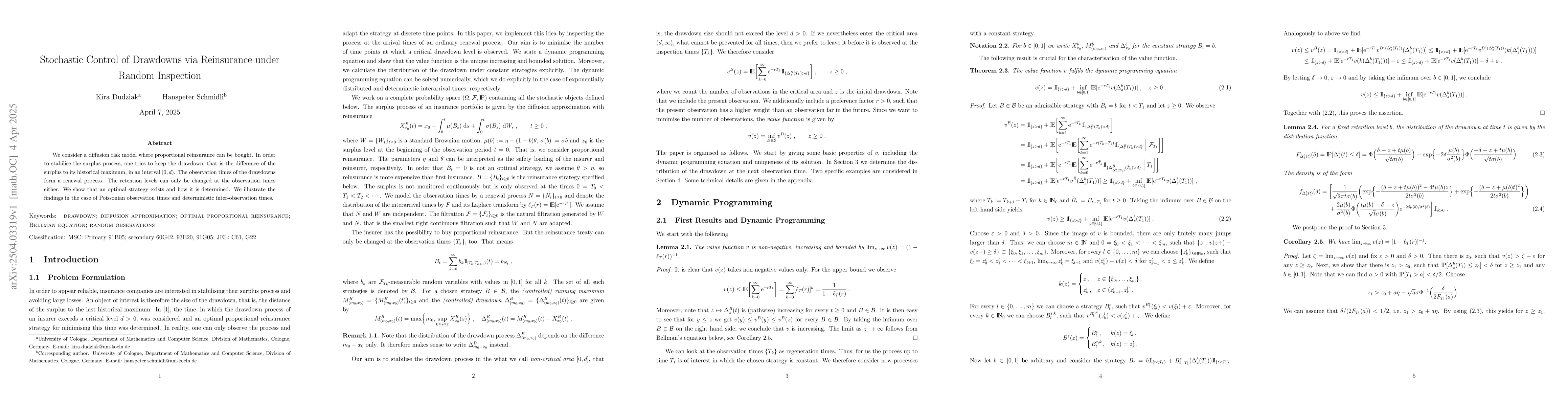 Thumbnail for Stochastic Control of Drawdowns via Reinsurance under Random Inspection