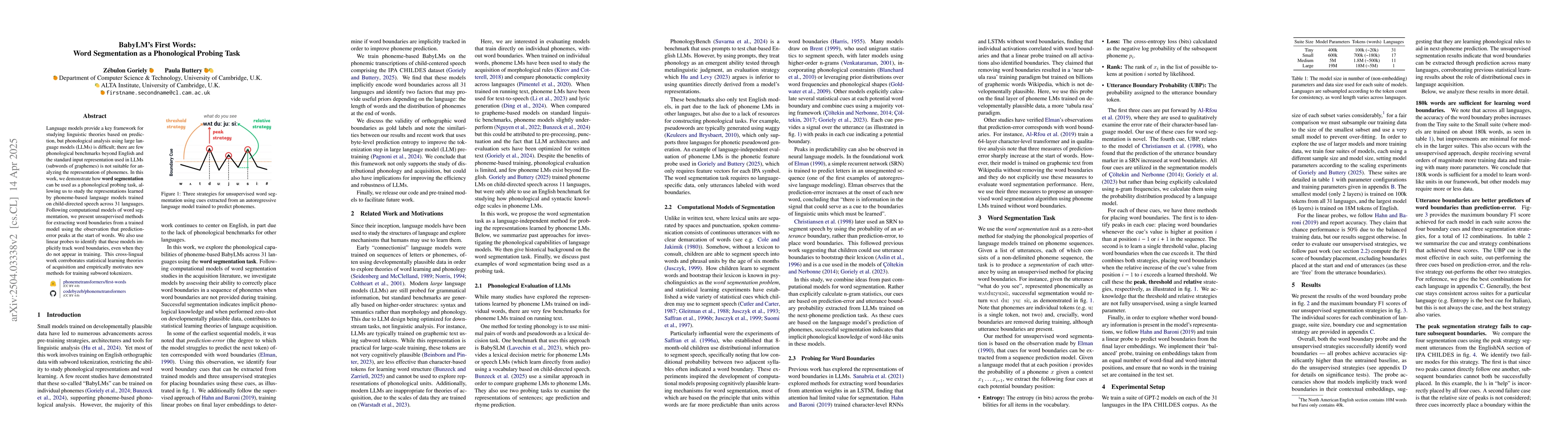 Thumbnail for BabyLM's First Words: Word Segmentation as a Phonological Probing Task