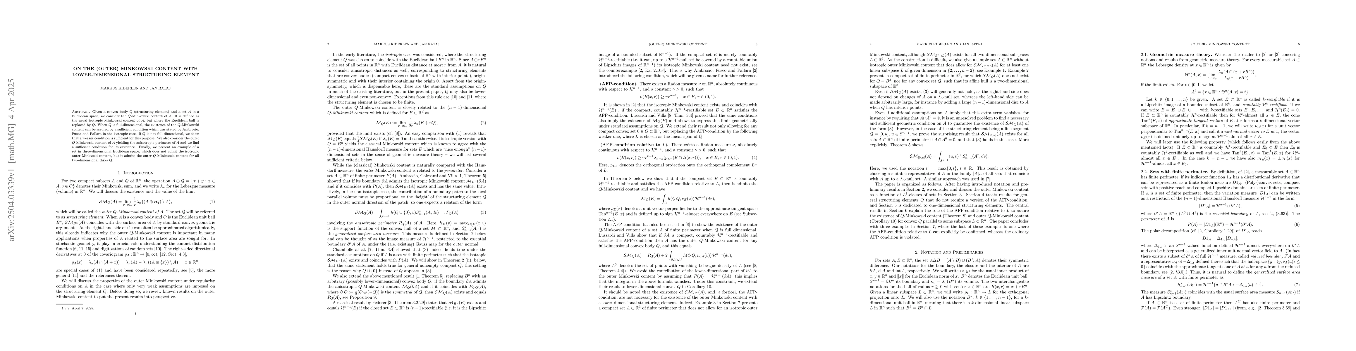 Thumbnail for On the (outer) Minkowski content with lower-dimensional structuring
  element