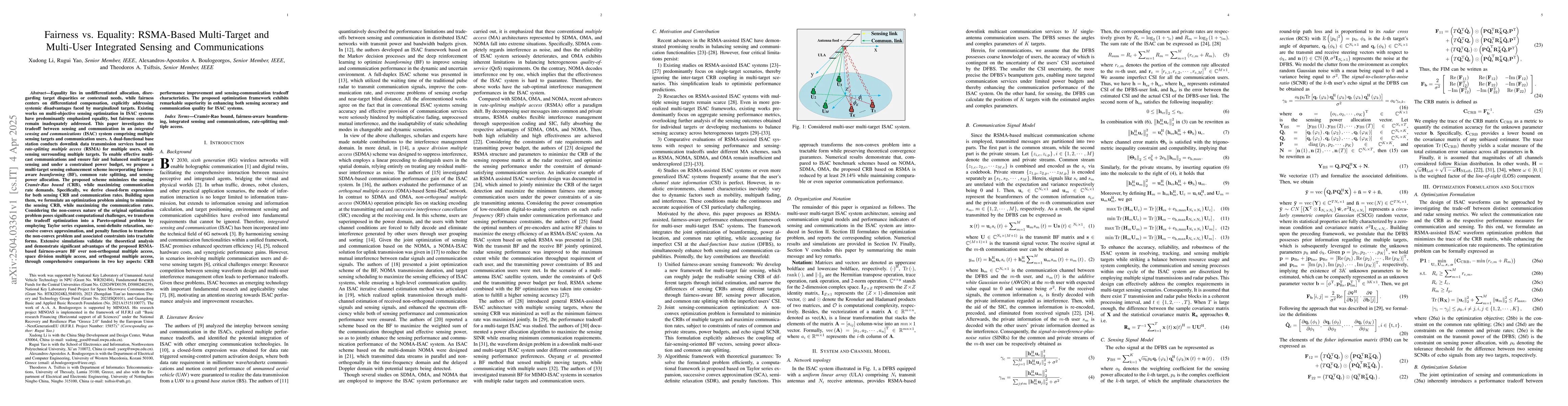 Thumbnail for Fairness vs. Equality: RSMA-Based Multi-Target and Multi-User Integrated
  Sensing and Communications