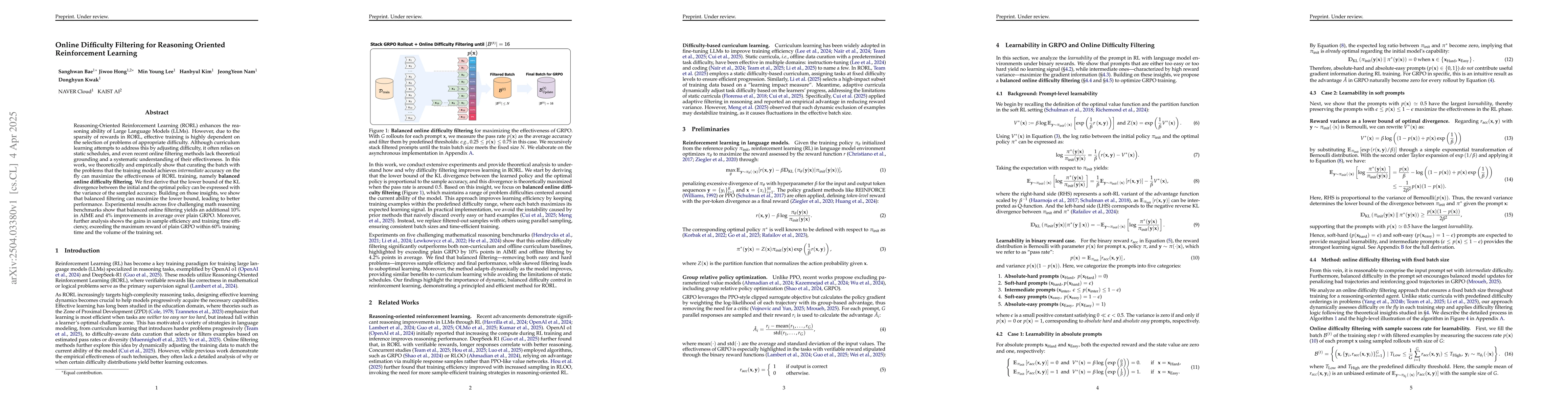 Thumbnail for Online Difficulty Filtering for Reasoning Oriented Reinforcement
  Learning
