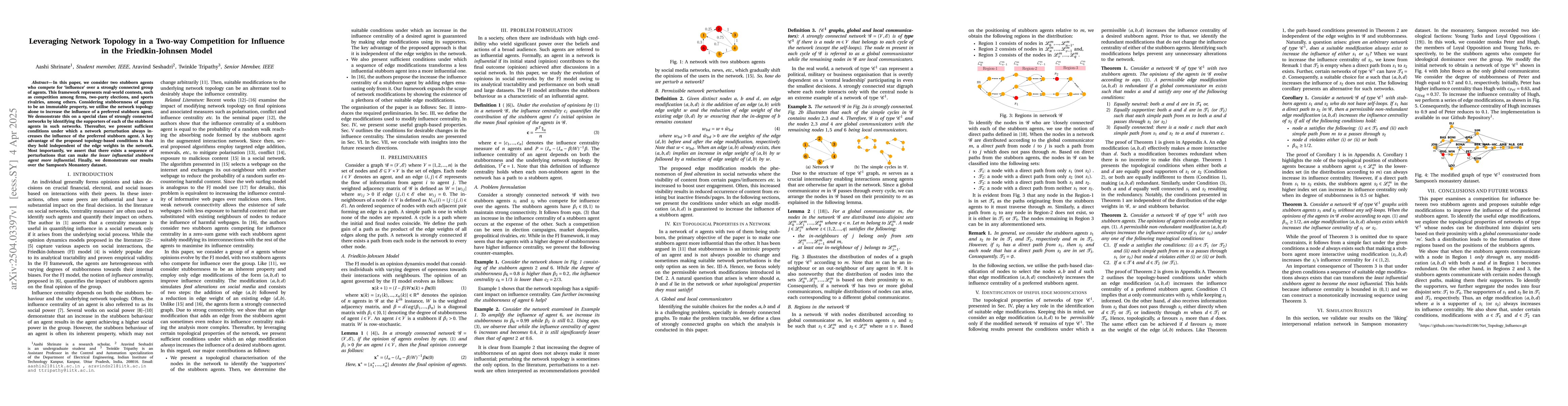 Thumbnail for Leveraging Network Topology in a Two-way Competition for Influence in
  the Friedkin-Johnsen Model