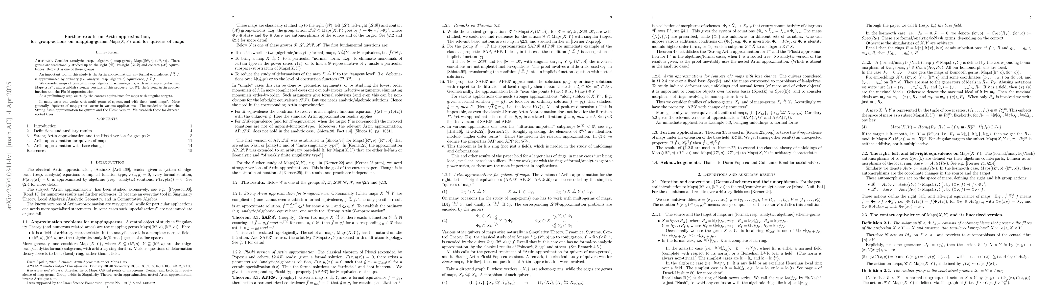 Thumbnail for Further results on Artin approximation, for group-actions on
  mapping-germs Maps(X,Y) and for quivers of maps