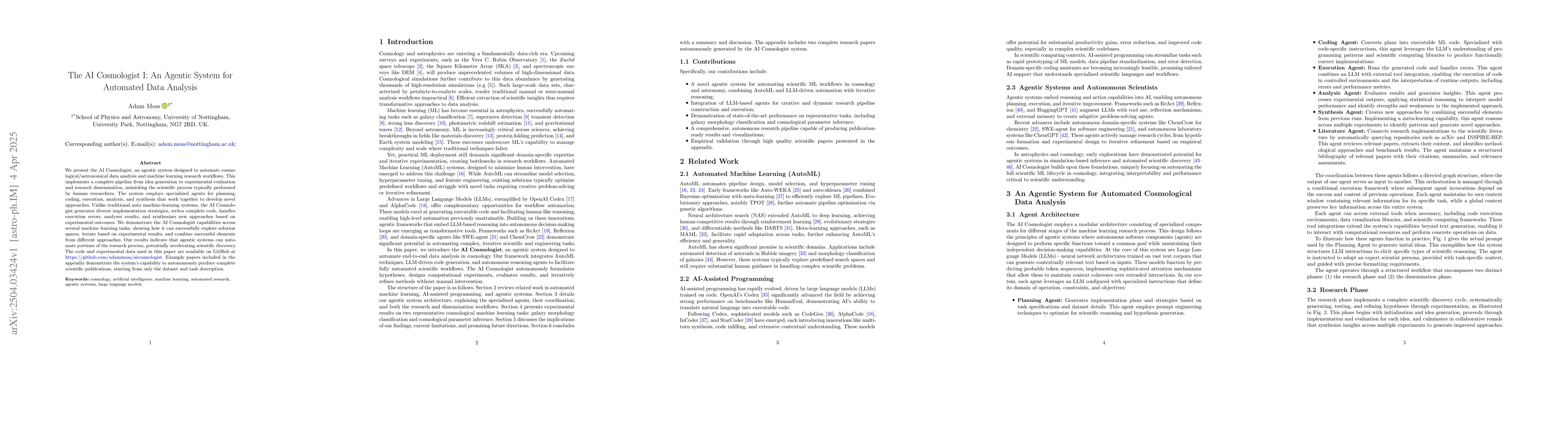 Thumbnail for The AI Cosmologist I: An Agentic System for Automated Data Analysis