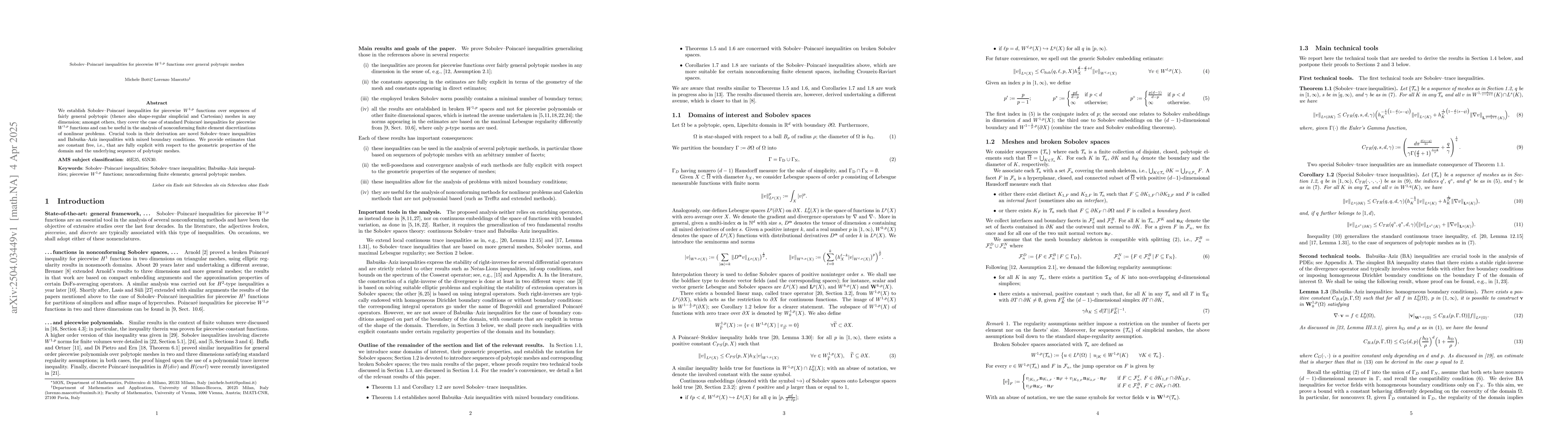 Thumbnail for Sobolev-Poincaré inequalities for piecewise $W^{1,p}$ functions over
  general polytopic meshes