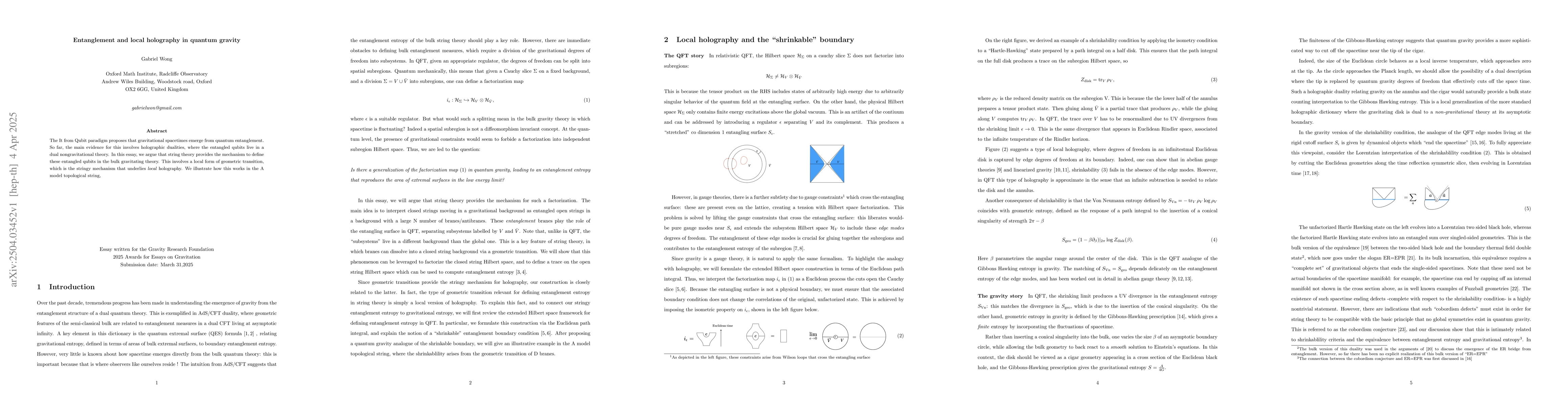 Thumbnail for Entanglement and local holography in quantum gravity