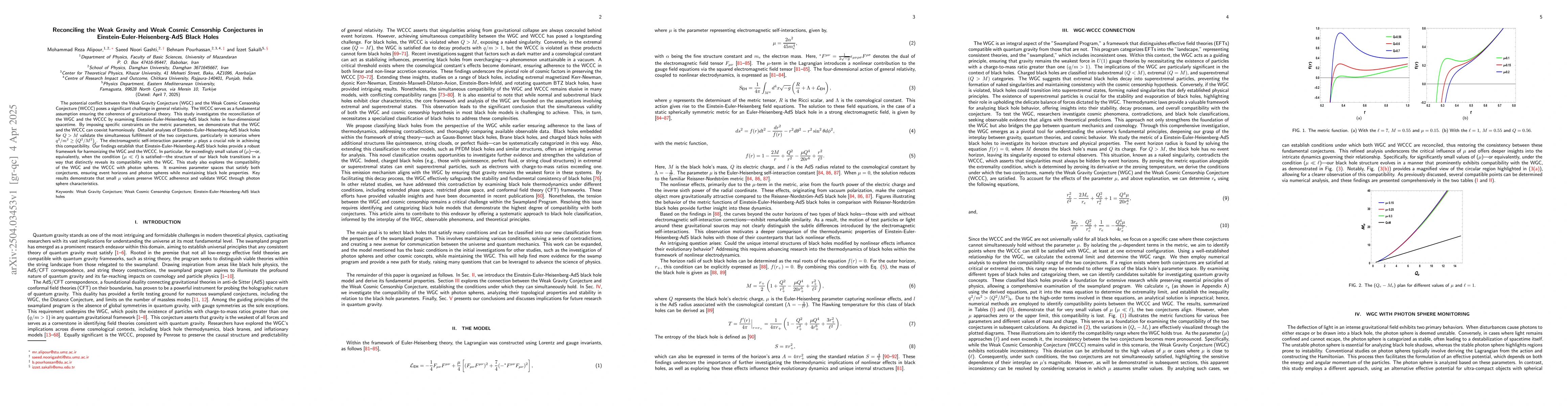 Thumbnail for Reconciling the Weak Gravity and Weak Cosmic Censorship Conjectures in
  Einstein-Euler-Heisenberg-AdS Black Holes