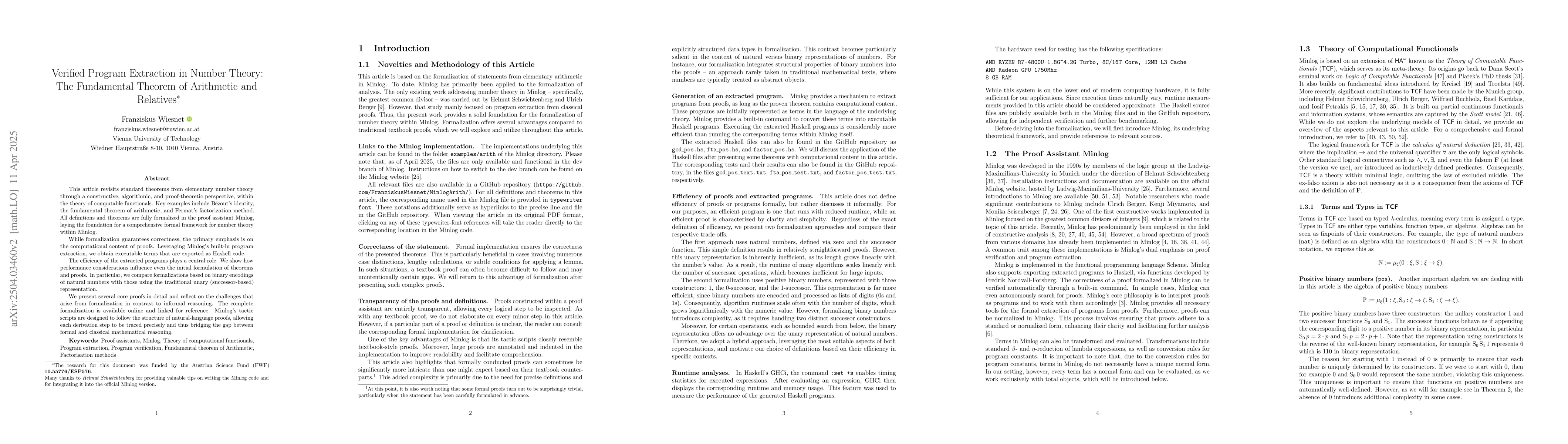 Thumbnail for Verified Program Extraction in Number Theory: The Fundamental Theorem of
  Arithmetic and Relatives