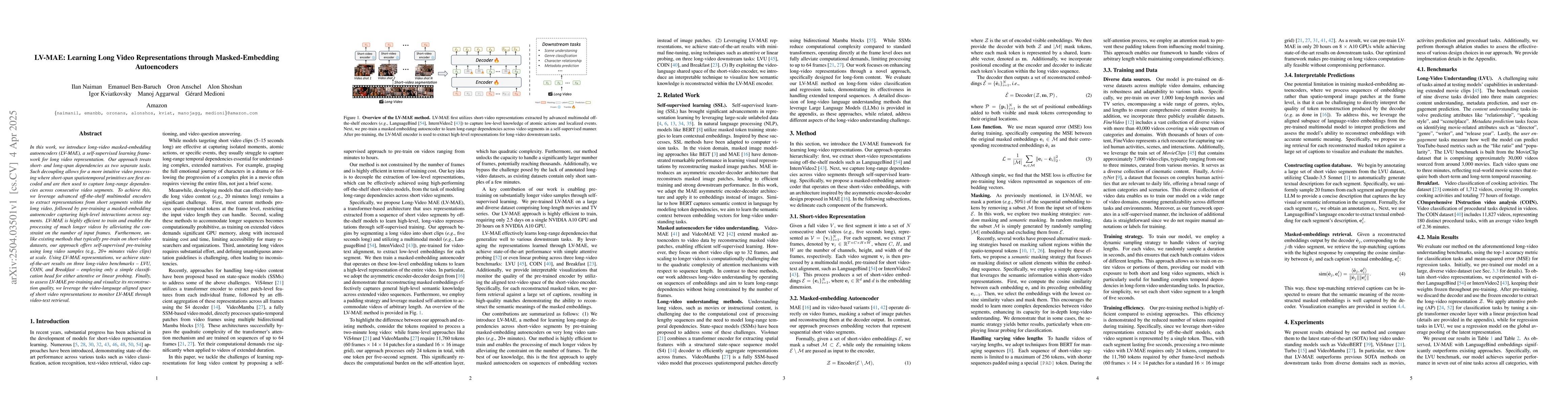 Thumbnail for LV-MAE: Learning Long Video Representations through Masked-Embedding
  Autoencoders