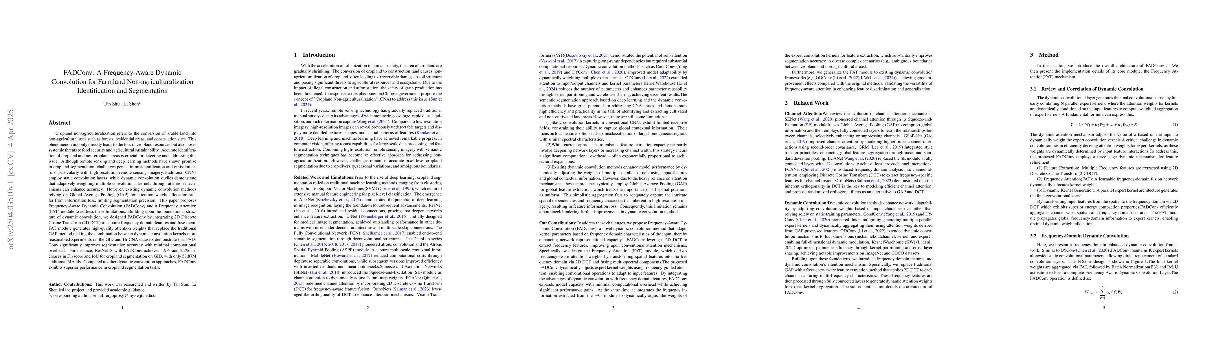 Thumbnail for FADConv: A Frequency-Aware Dynamic Convolution for Farmland
  Non-agriculturalization Identification and Segmentation