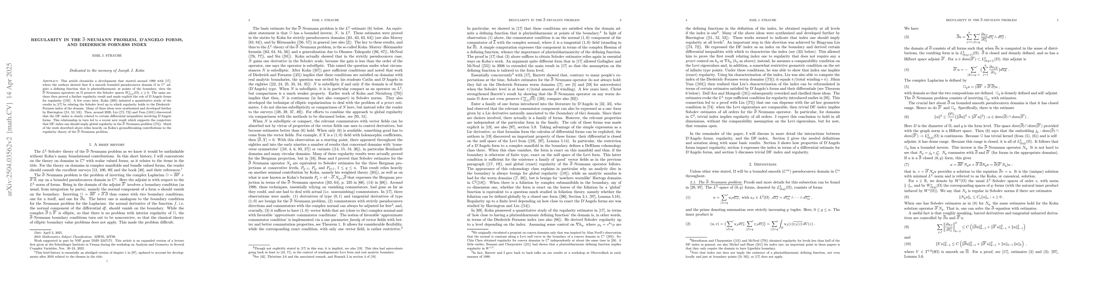 Thumbnail for Regularity in the $\overline{\partial}$--Neumann problem, D'Angelo
  forms, and Diederich--Fornæss index