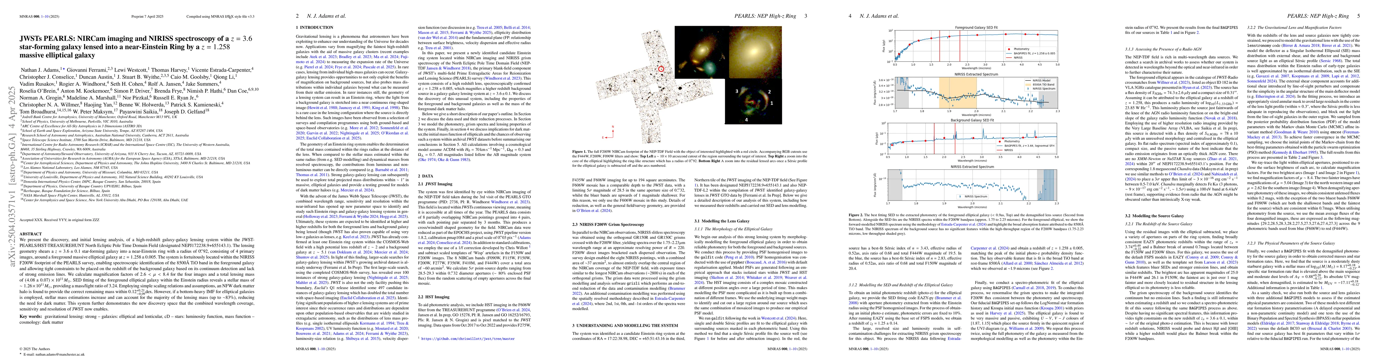 Thumbnail for JWSTs PEARLS: NIRCam imaging and NIRISS spectroscopy of a $z=3.6$
  star-forming galaxy lensed into a near-Einstein Ring by a $z=1.258$ massive
  elliptical galaxy