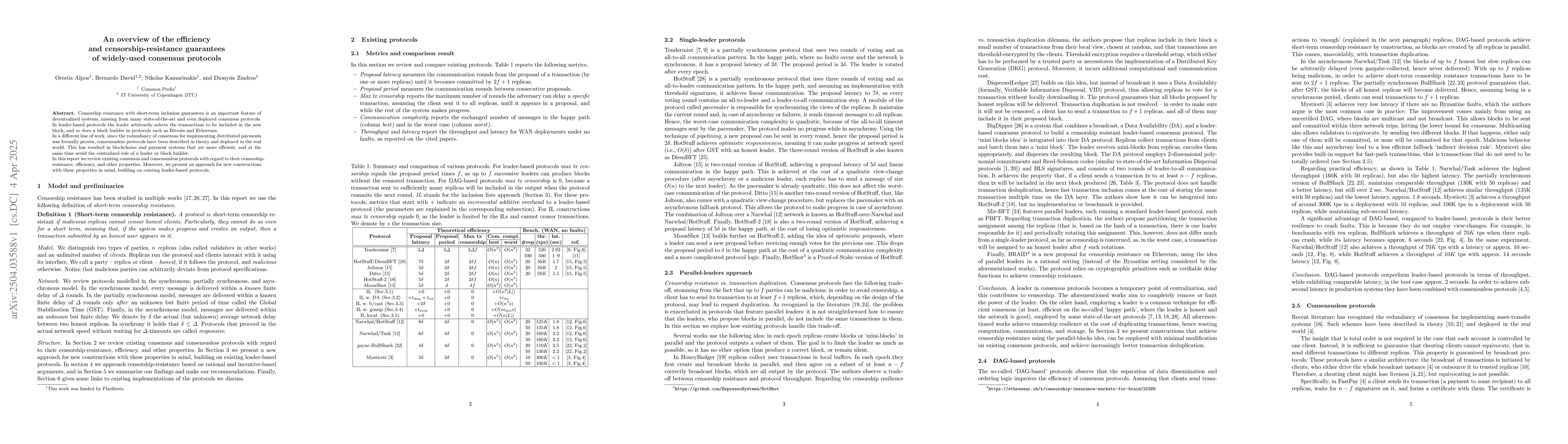 Thumbnail for An overview of the efficiency and censorship-resistance guarantees of
  widely-used consensus protocols