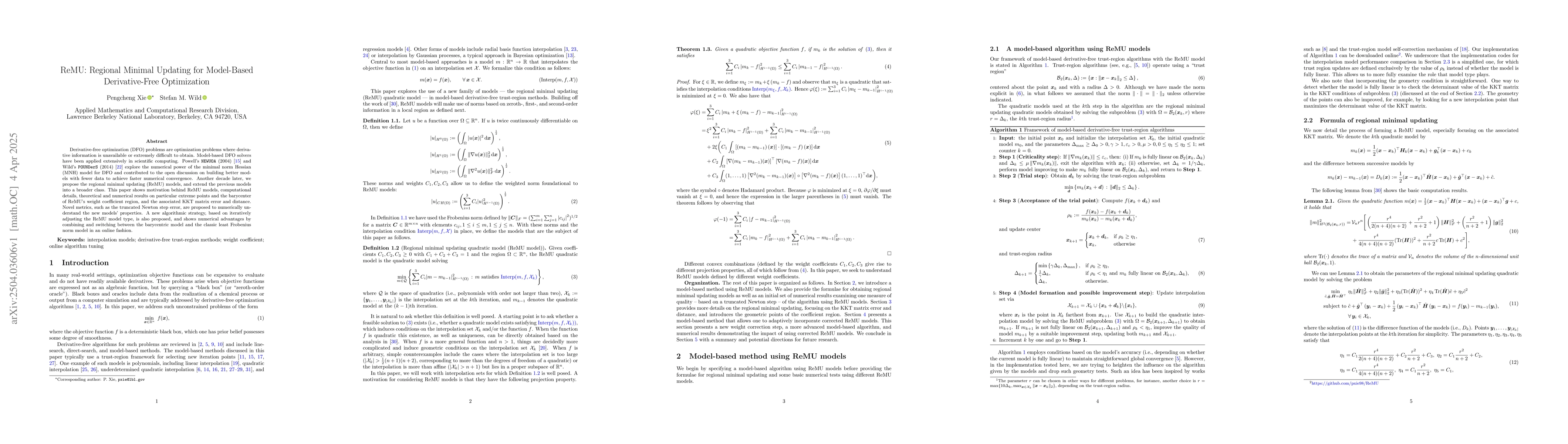 Thumbnail for ReMU: Regional Minimal Updating for Model-Based Derivative-Free
  Optimization