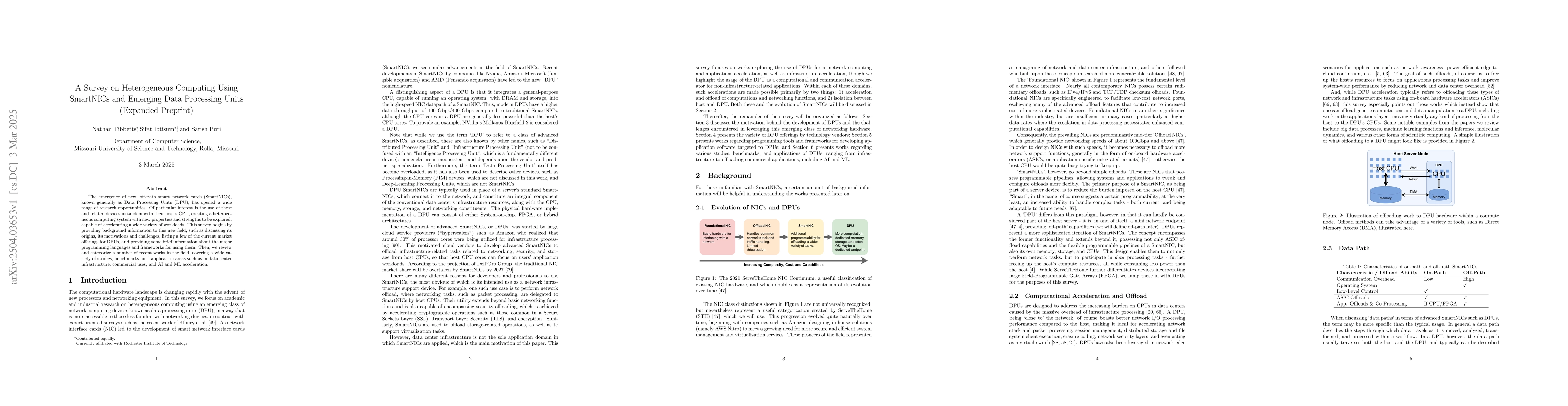 Thumbnail for A Survey on Heterogeneous Computing Using SmartNICs and Emerging Data
  Processing Units (Expanded Preprint)